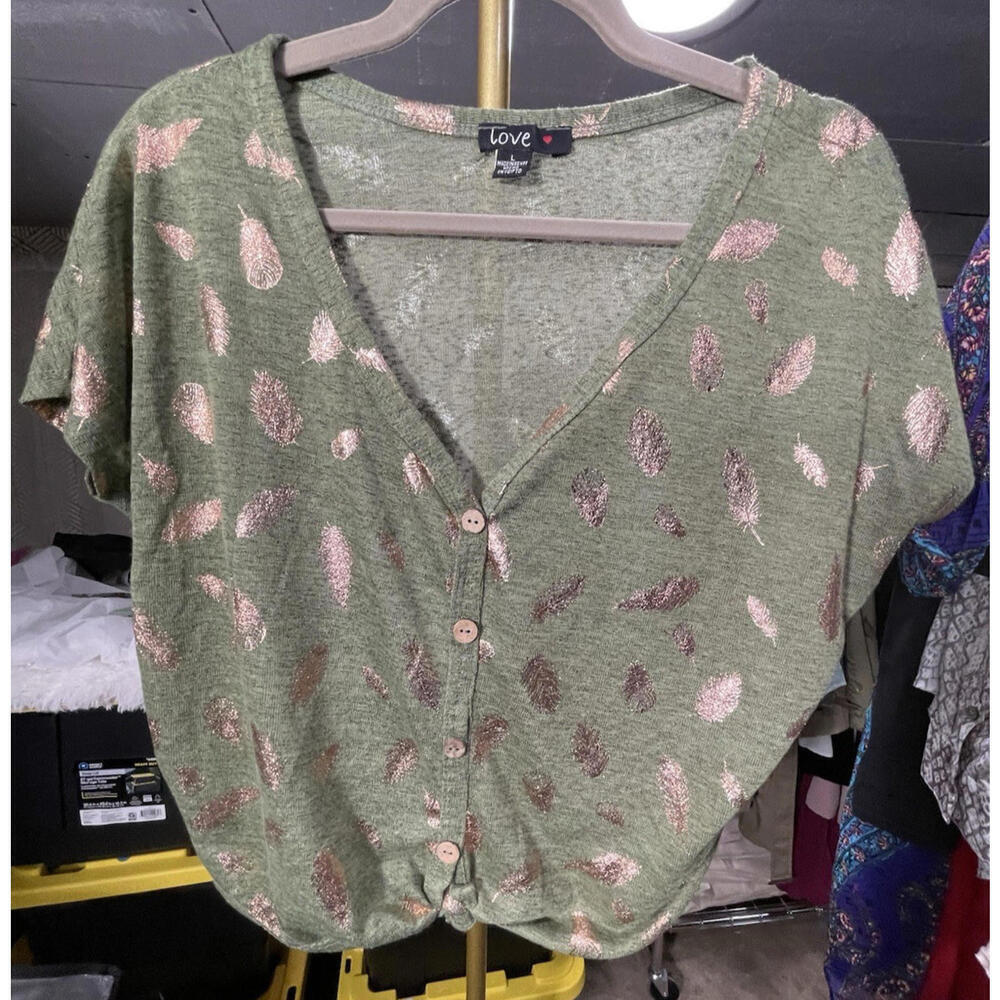 Love Crop Top Button Up V Neck Green With Metallic Rose Gold Leaves Sz Juniors L